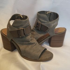 Gray Sandal Booties with stacked heel.